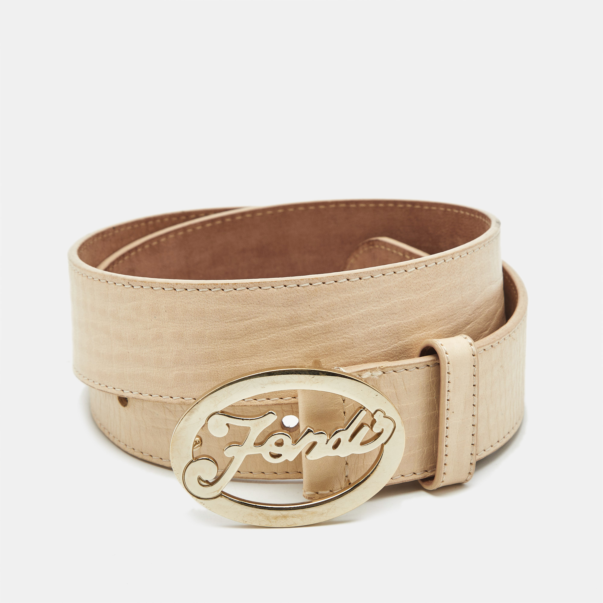 

Fendi Beige Leather Oval Plaque Buckle Belt