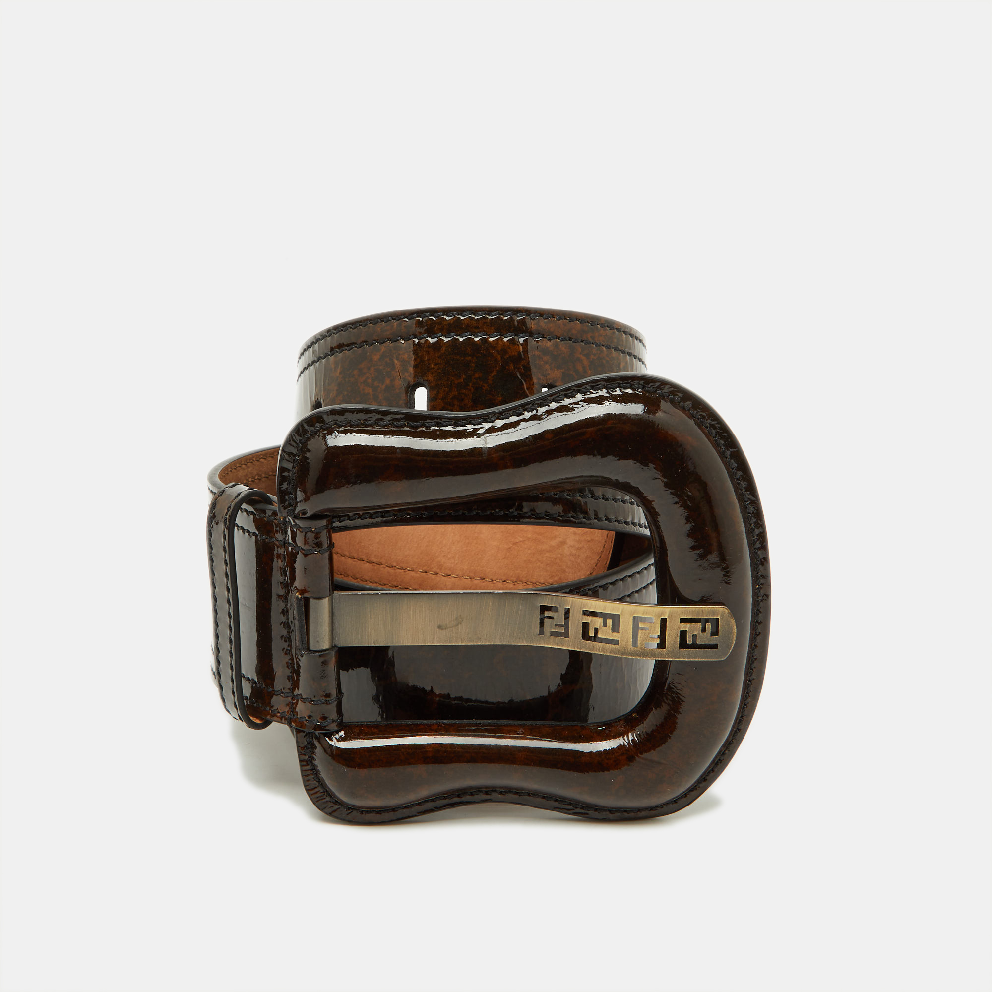 Pre-owned Fendi Two Tone Brown Patent Leather Waist B Buckle Belt 85cm