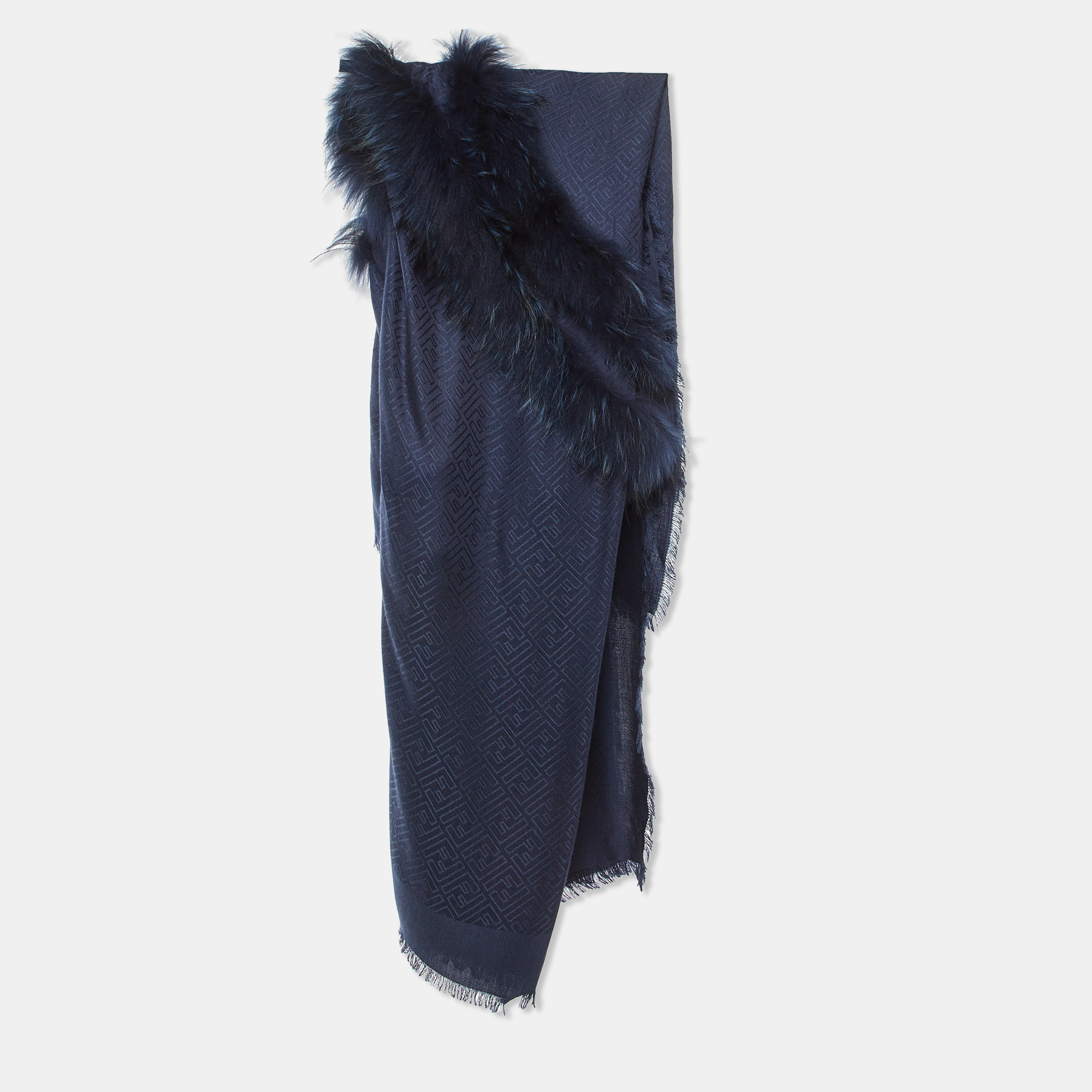 

Fendi Navy Blue FF Jacquard Silk & Wool Touch Of Fur Shawl