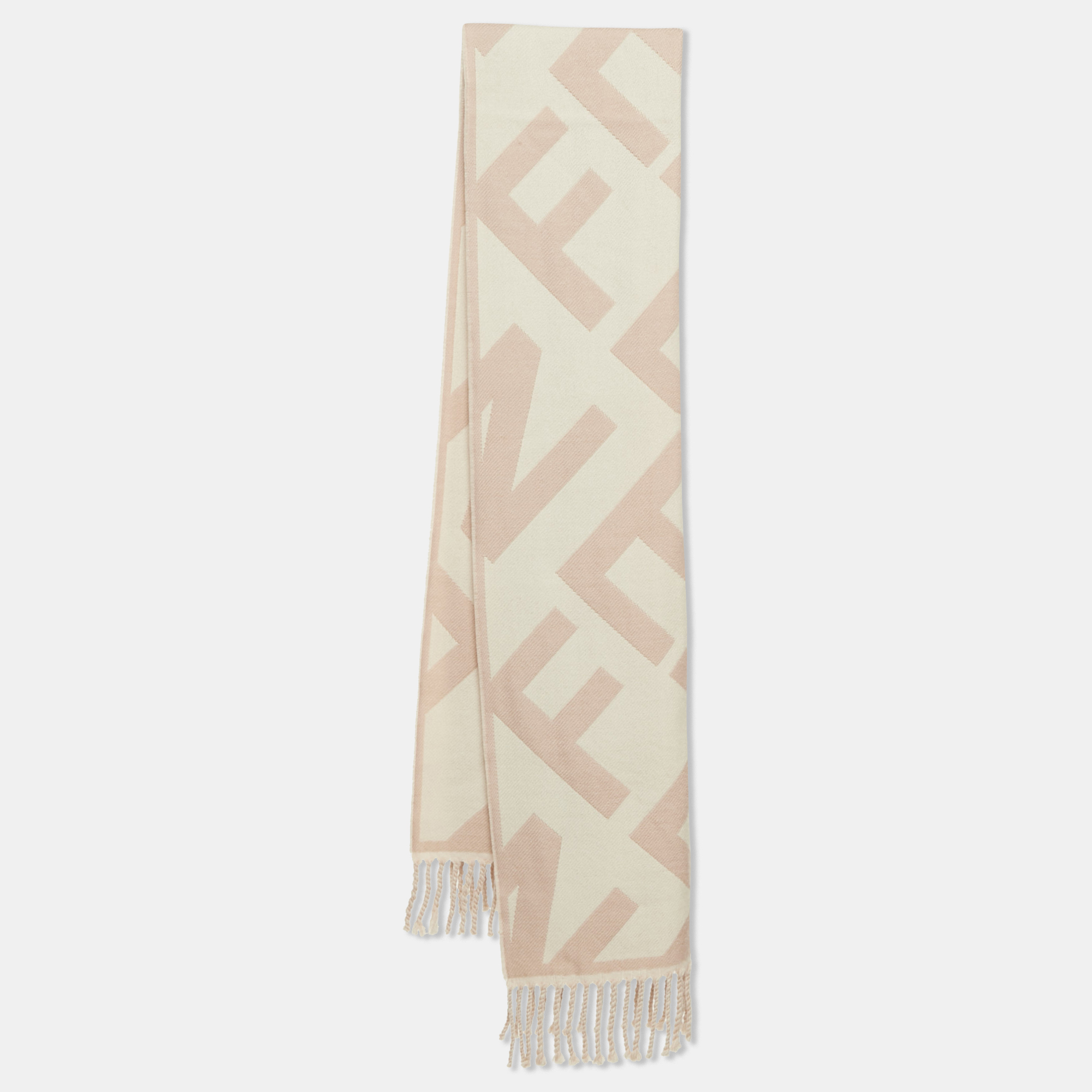 Pre-owned Fendi Pink Logo Jacquard Wool Fringed Muffler