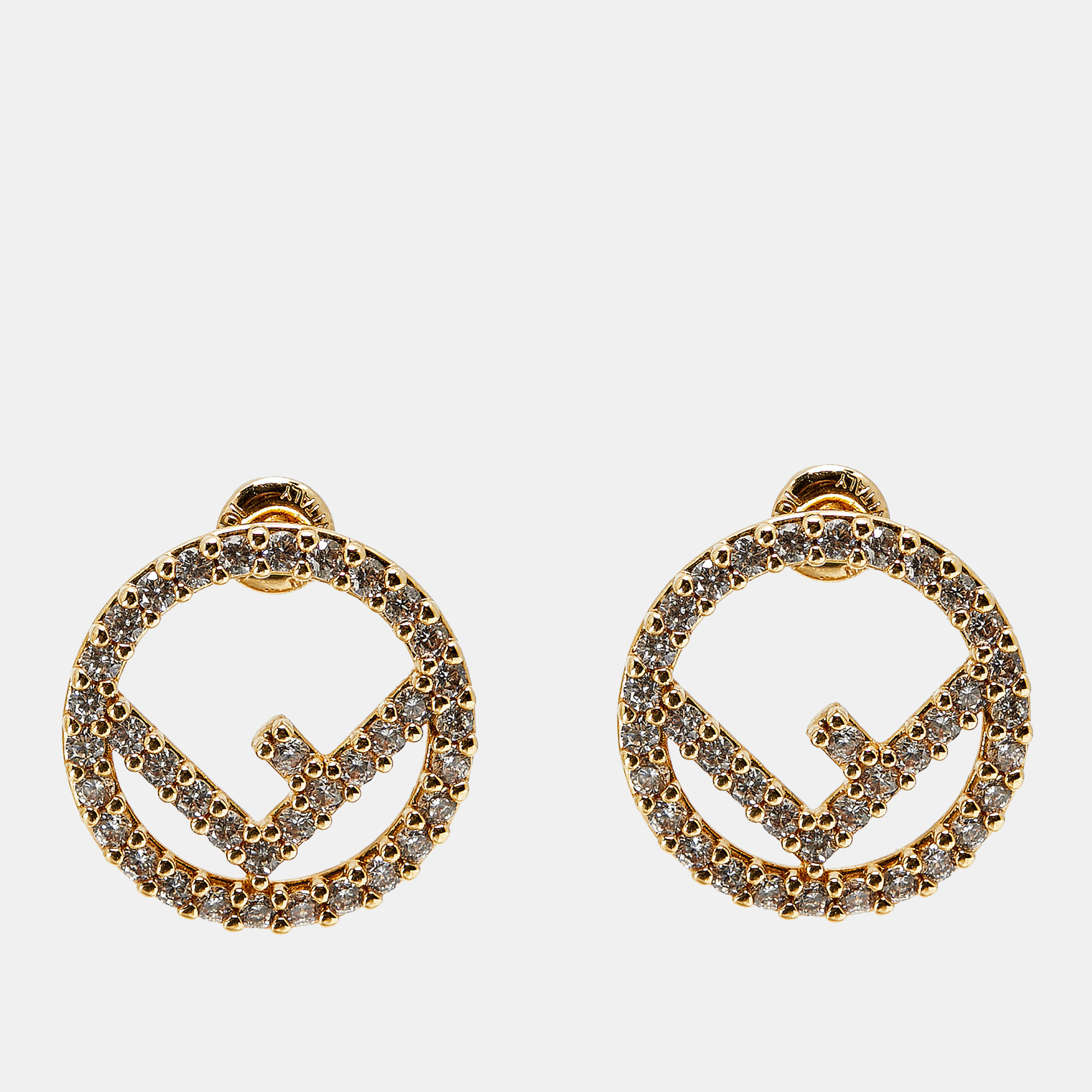 Pre-owned Fendi Crystal Gold Tone Stud Earrings