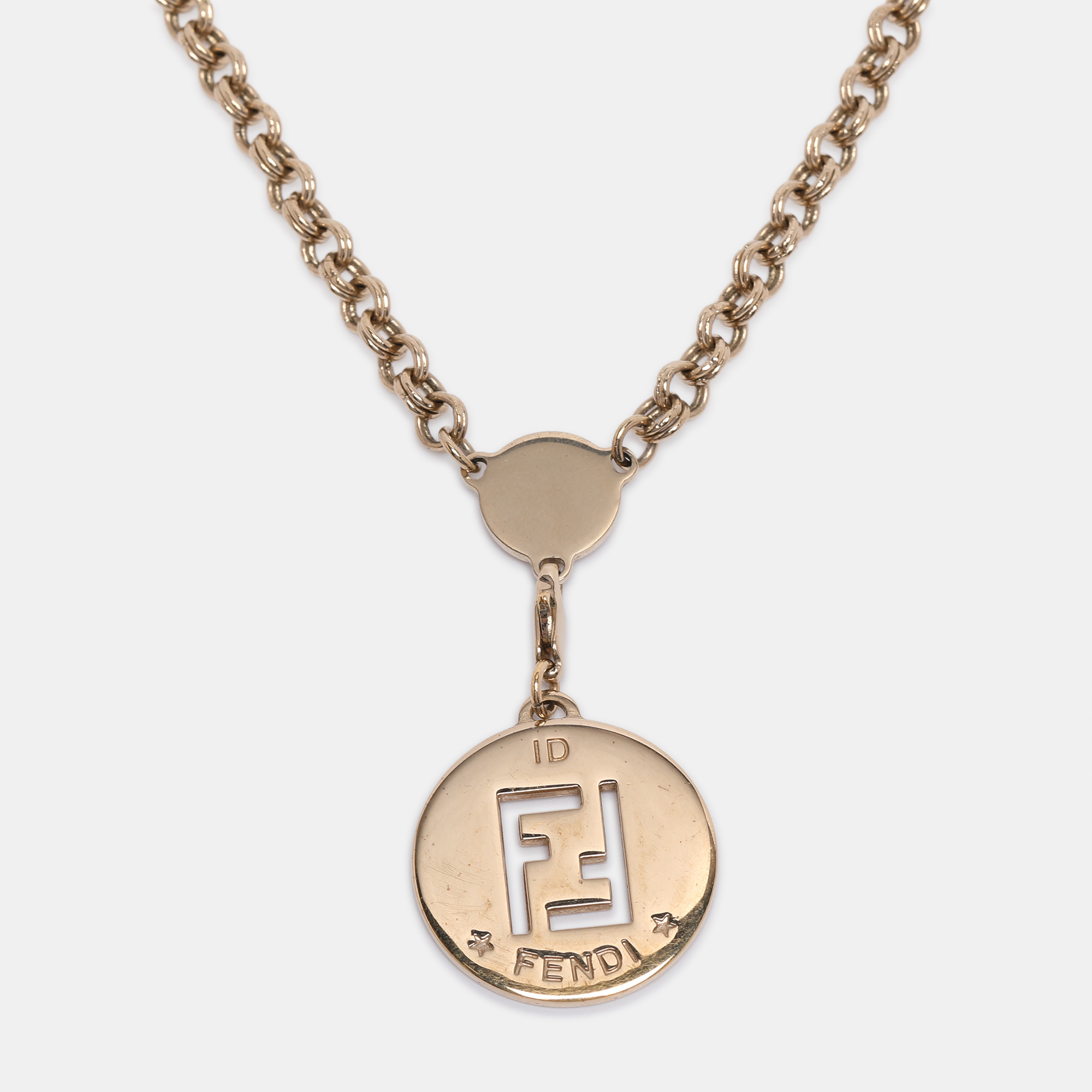 Pre-owned Fendi Gold Tone Hardware Ff Identification Pendant Necklace