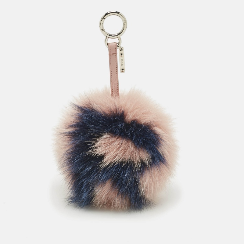 Pre-owned Fendi Pink/blue Fox Fur And Leather Alphabet R Ball Bag Charm