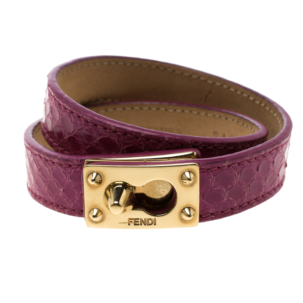 Pre Owned سوار فندي لفة مزدوجة لون ذهبي جلد نقش ثعبان وردي