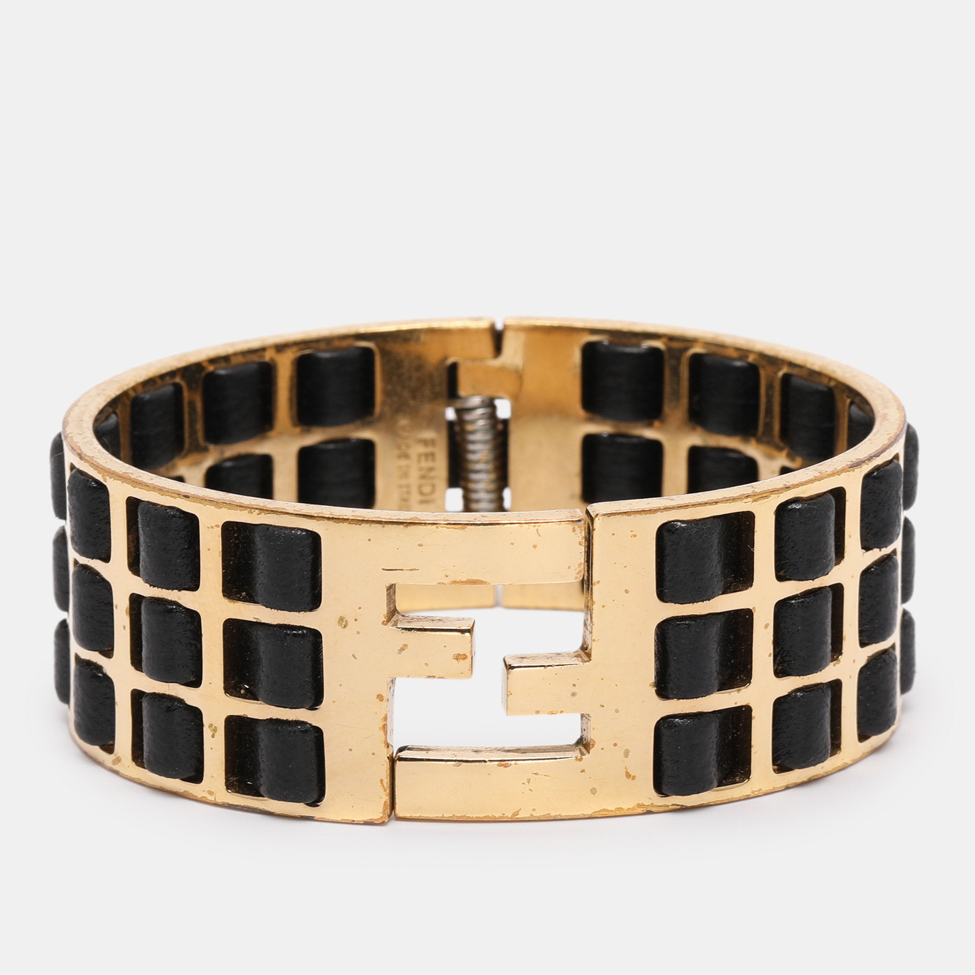 

Fendi FF Gold Tone Metal and Black Leather Detail Cuff Bracelet