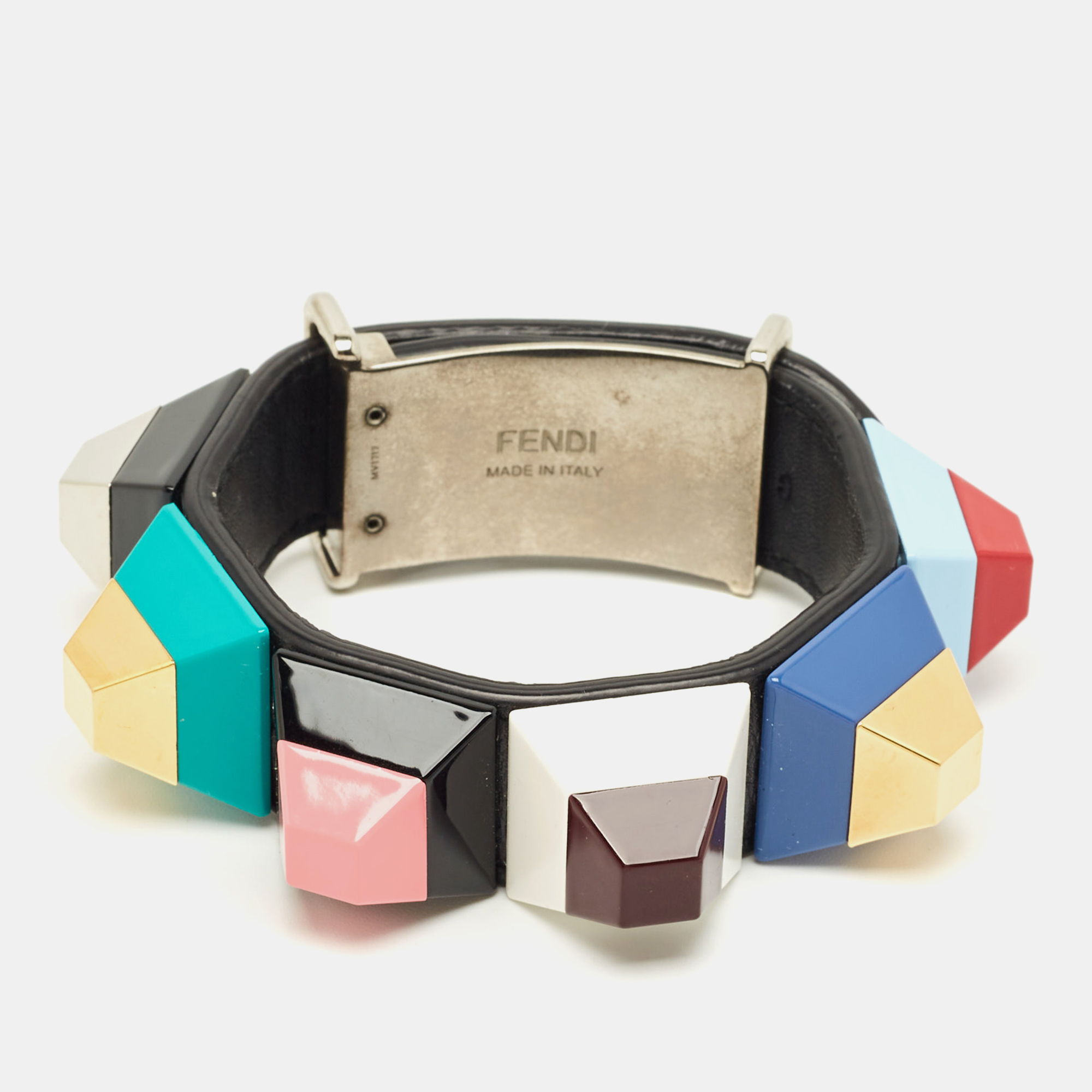 

Fendi Multicolor Studded Rainbow Resin Leather Two Tone Metal Bracelet