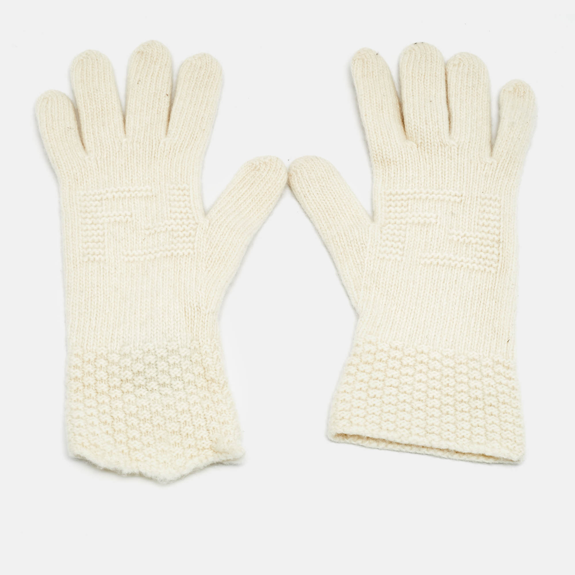 

Fendi Cream Wool Knit Gloves, White