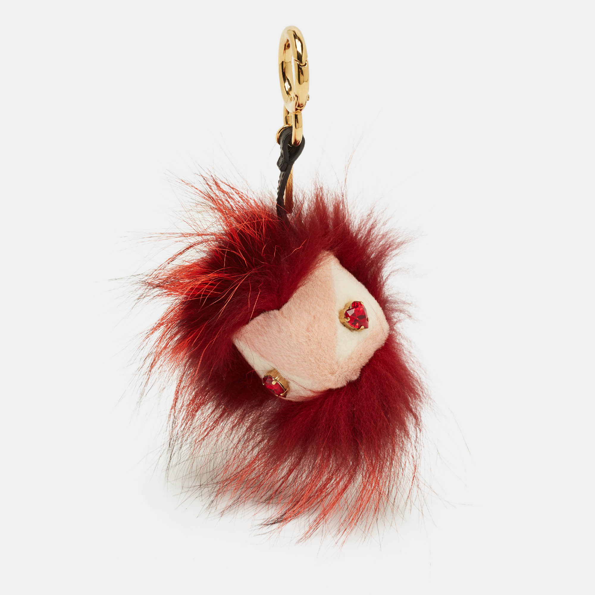 Pre-owned Fendi Crystal Eye Cube Monster Red Fox Fur And Leather Bag Charm