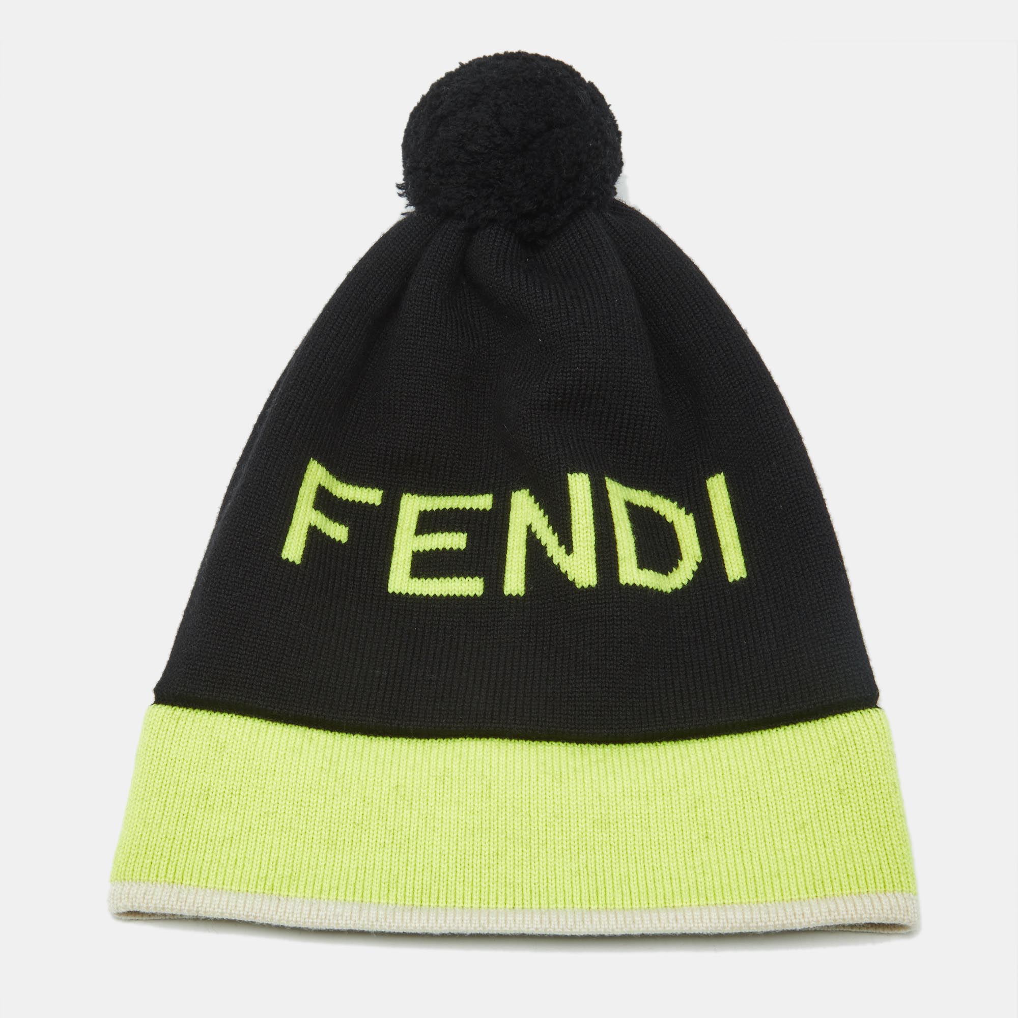 

Fendi Black Logo Intarsia Wool Pom Pom Beanie