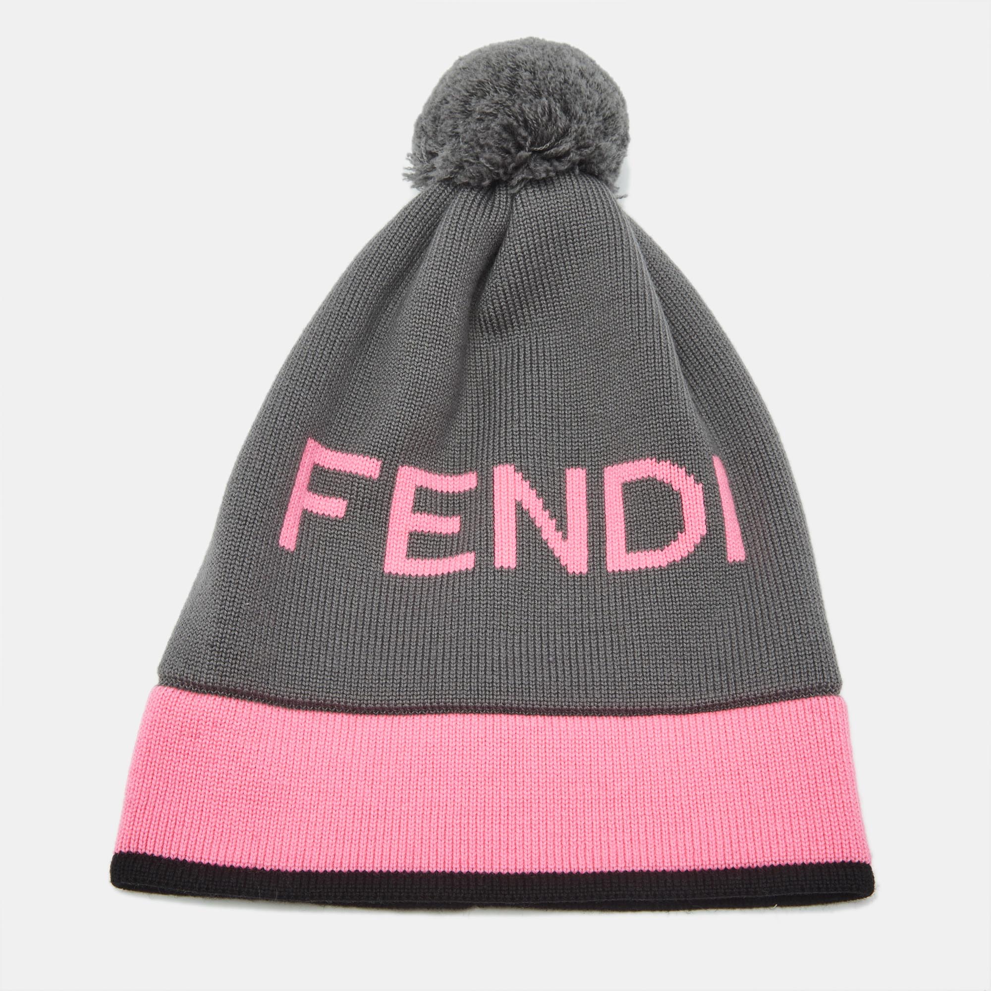 

Fendi Black Logo Intarsia Wool Pom Pom Beanie, Grey