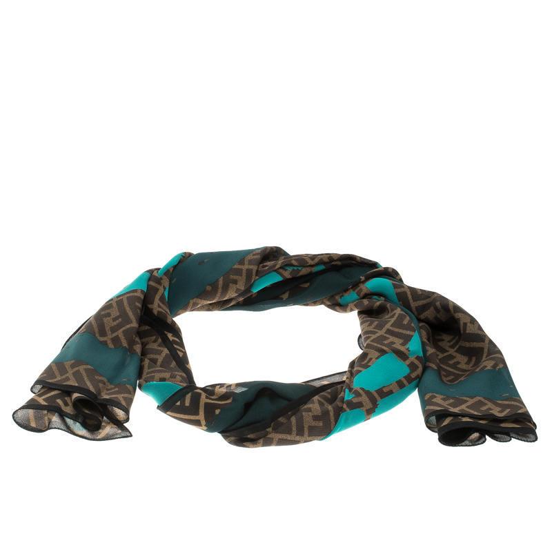 Pre Owned Fendi Multicolor Zucca Print Brush Stroke Detail Silk Scarf