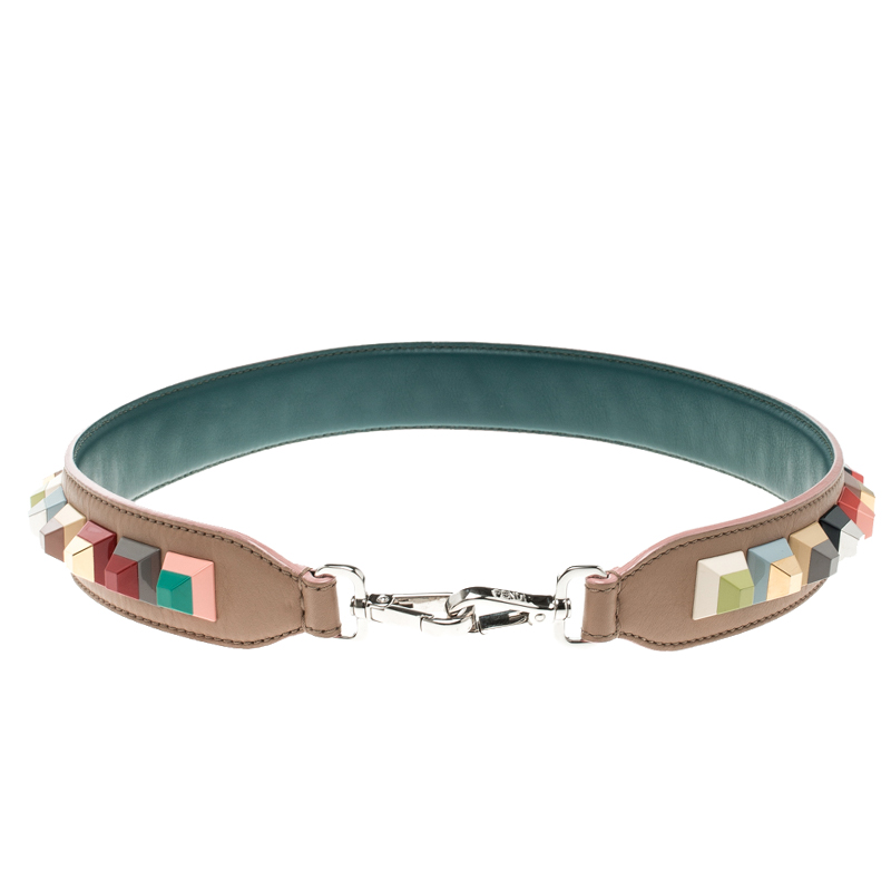 Pre Owned Fendi Beige Leather Multicolor Studs Interchangeable Shoulder Strap