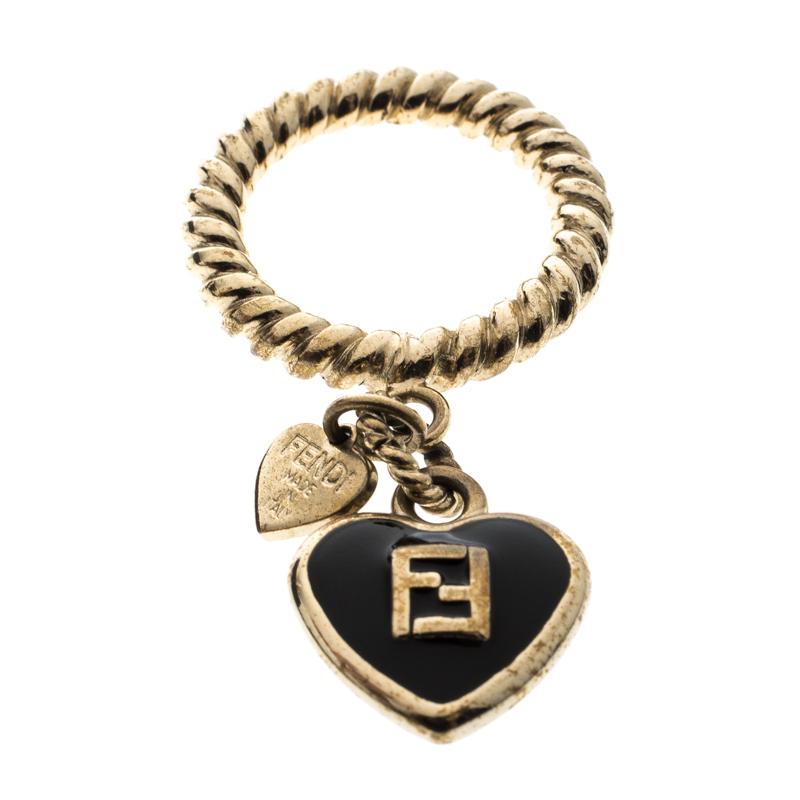 

Fendi Black Enamel Heart Charm Gold Tone Ring Size