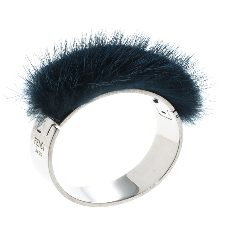 

Fendi Blue Mink Fur Silver Tone Cuff Bracelet