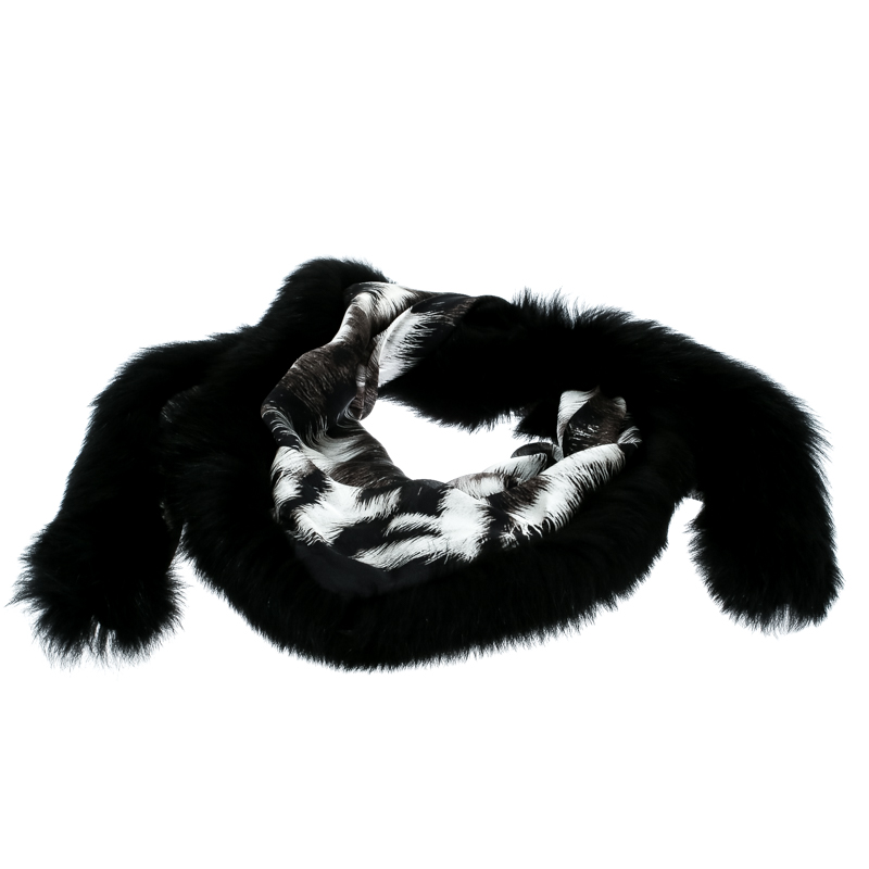 Fendi Black and Grey Printed Silk Fox Fur Trim Detail Wrap Scarf