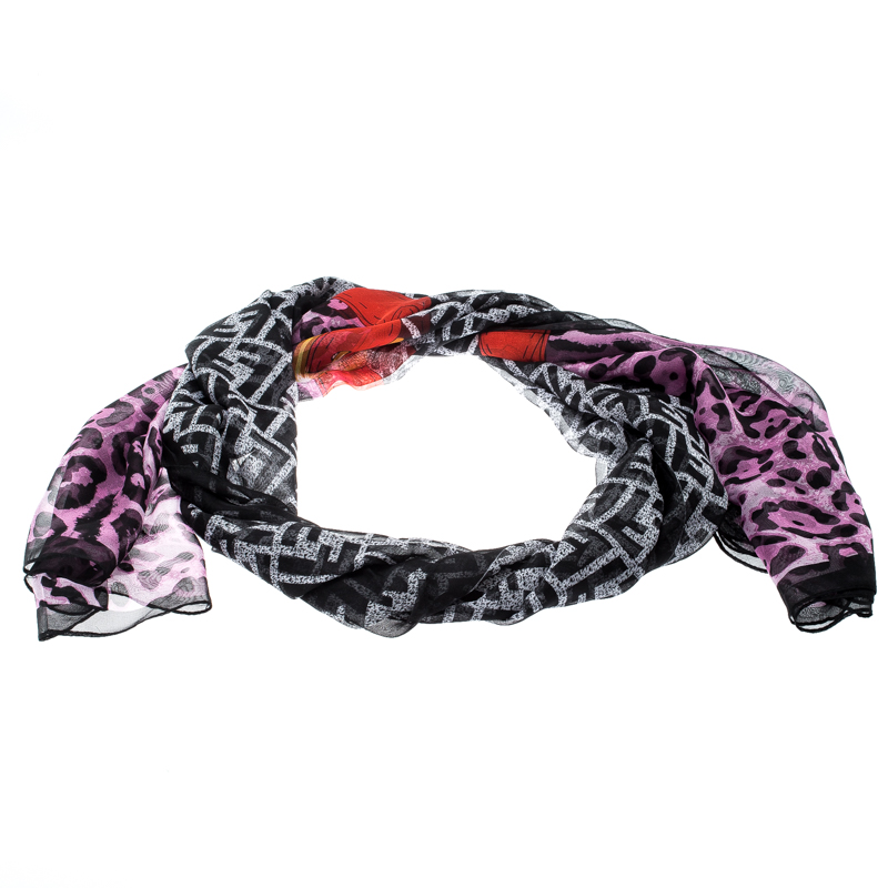 Fendi Multicolor Leopard and Zucca Print Silk Scarf  