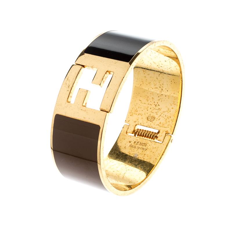 

Fendi Fendista Black Brown Enamel Gold Tone Wide Bracelet, Multicolor