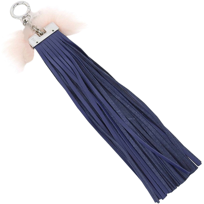 

Fendi Navy/Pink Fur and Leather Fringe Eyes Bag Charm and Key Holder, Navy blue