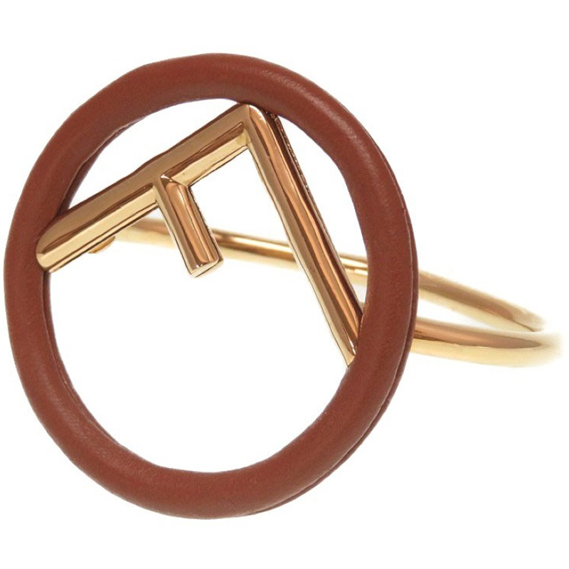 

Fendi F Logo Gold Tone and Leather Bangle Bracelet, Brown