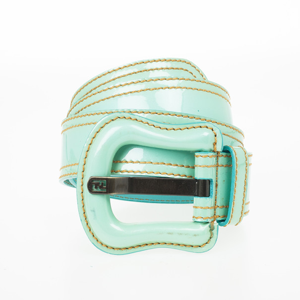 Pre Owned Fendi Turquoise Patent Leather B Buckle Belt 95 CM
