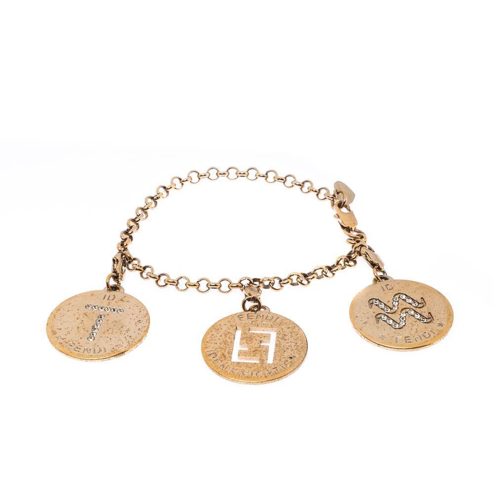 

Fendi Logo Identification Crystal Gold Tone Charm Bracelet