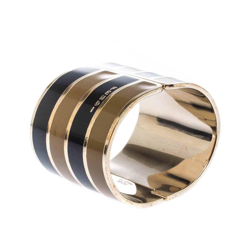 

Fendi Black & Brown Enamel Gold Tone Striped Logo Cuff Bracelet