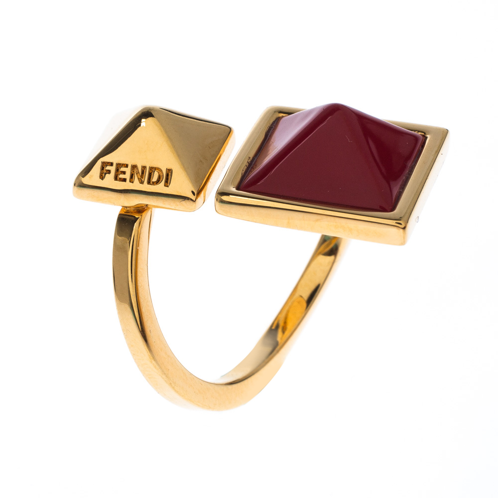 Pre Owned Fendi Gold Tone Double Pyramid Open Ring Size 49