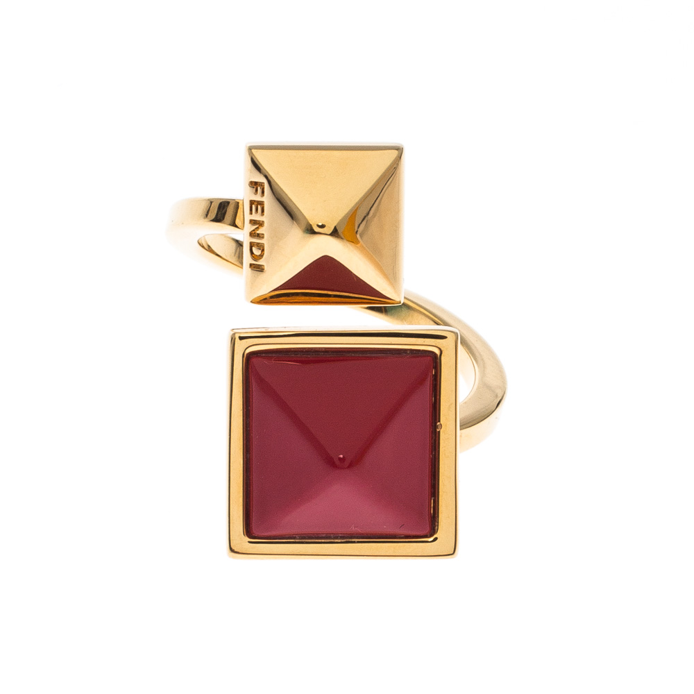 

Fendi Gold Tone Double Pyramid Open Ring Size 49, Red