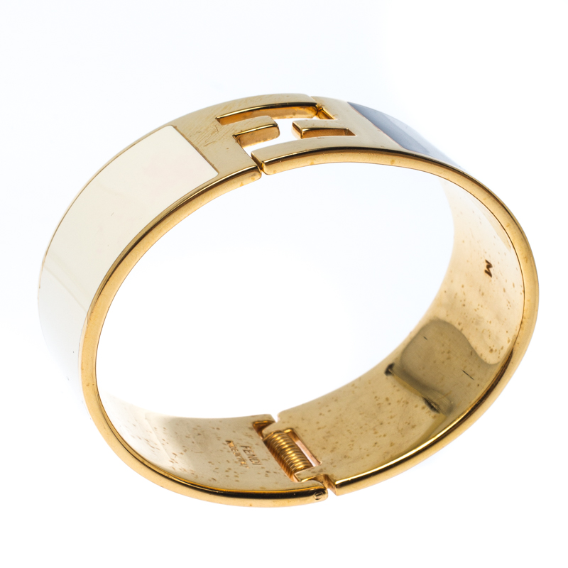 

Fendi Fendista Black White Enamel Gold Tone Wide Bracelet, Multicolor