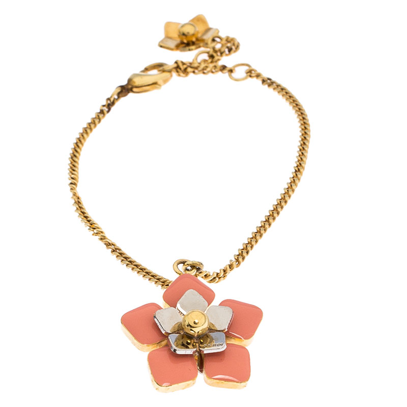 

Fendi Blossom Enamel Flower Charm Gold Tone Bracelet, Pink