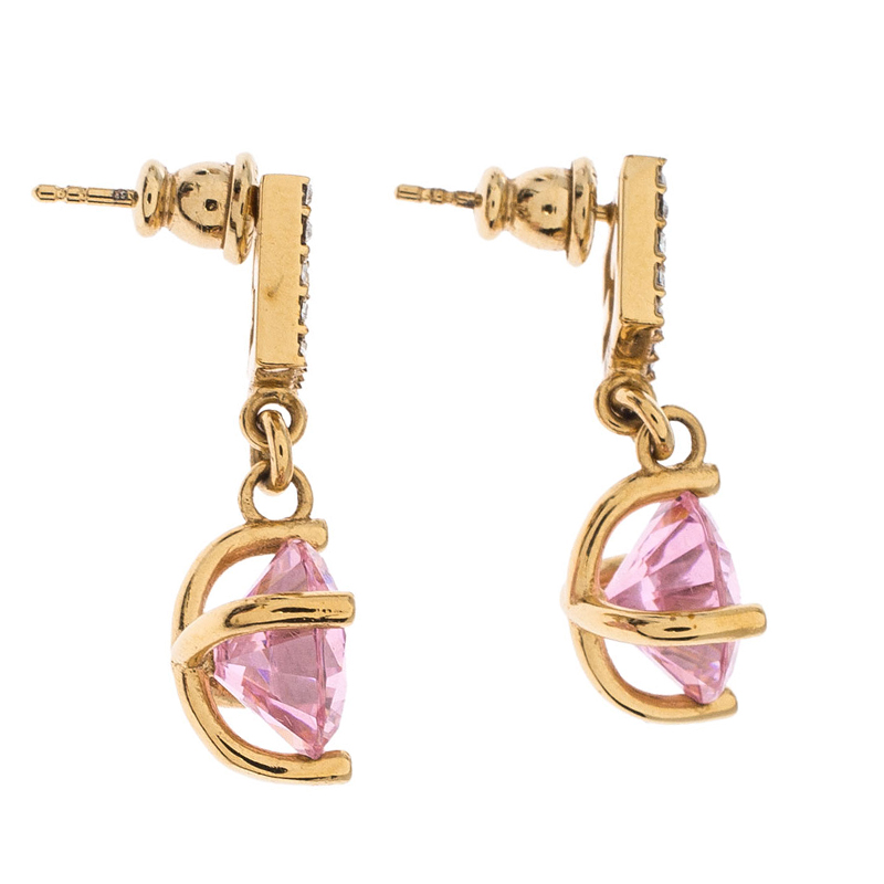 

Fendi Gold Tone Crystal Studded Pink Stone Drop Earrings