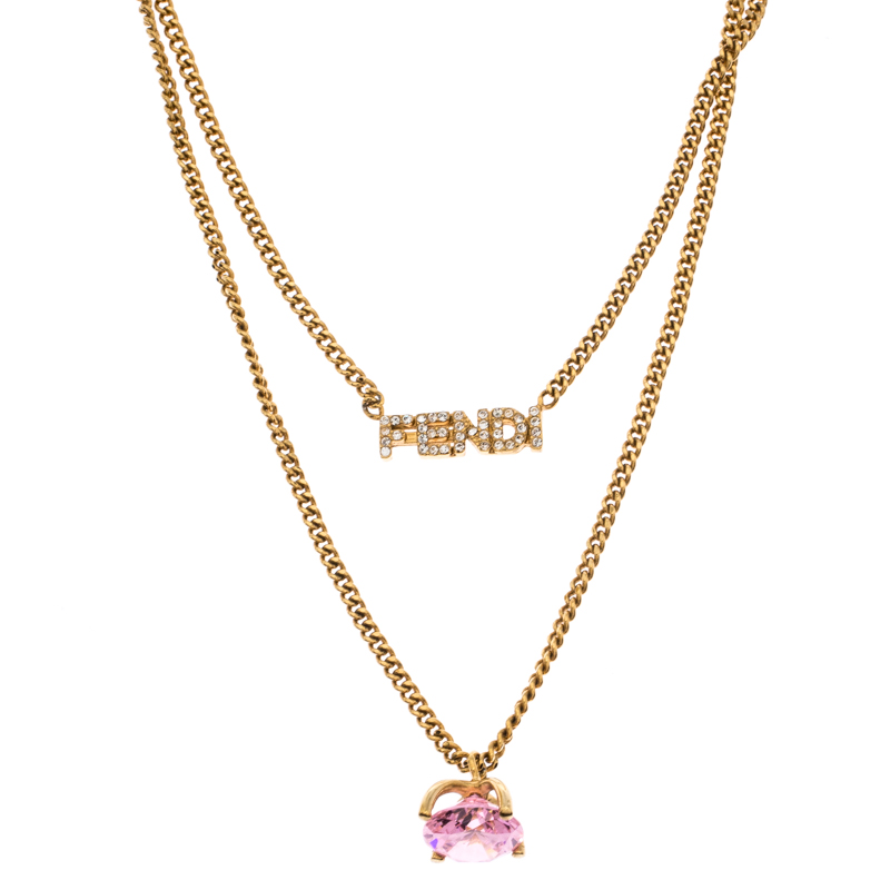 مملوكة مسبقًا Fendi Gold Tone Pink Stone Logo Name Crystal Embellished Necklace
