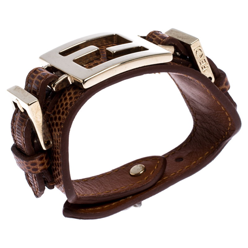 

Fendi Brown Lizard Embossed Leather Monogram Buckle Bracelet