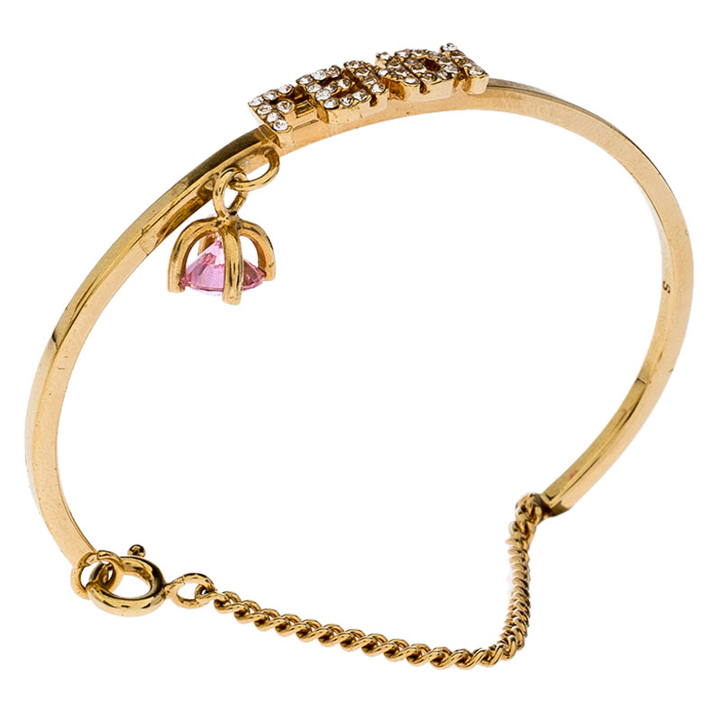 

Fendi Gold Tone Crystal Embellished Logo Charm Bracelet
