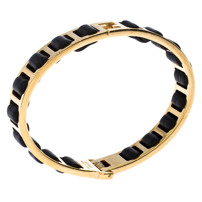 

Fendi Black Leather Gold Tone Chain Link Woven Bracelet