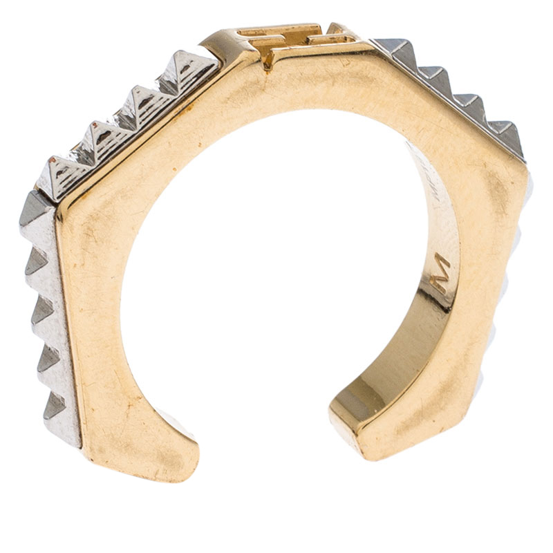 Pre-owned Fendi Two Tone Textured Baguette Ring M In Gold