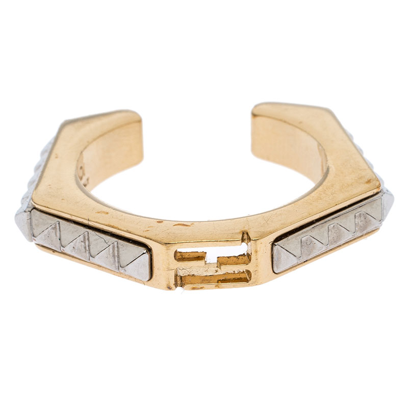 

Fendi Two Tone Textured Baguette Ring, Gold