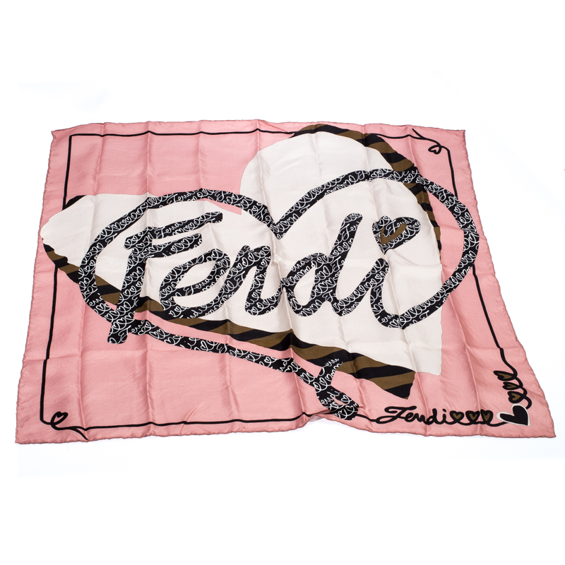 

Fendi Pink Logo Heart Silk Twill Square Scarf