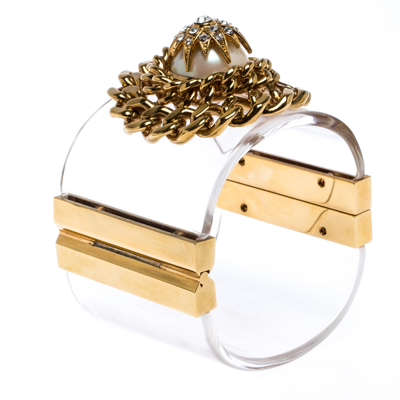 

Fendi Crystal Chain Embellished Clear Plexiglass Gold Tone Wide Cuff Bracelet
