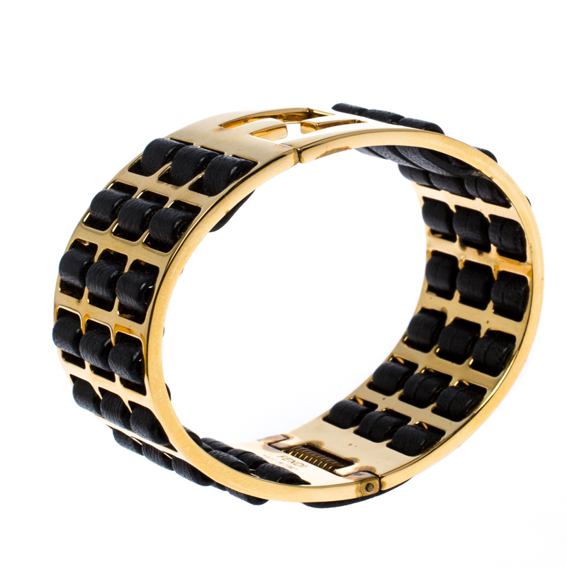 

Fendi Fendista Black Woven Leather Gold Tone Wide Cuff Bracelet