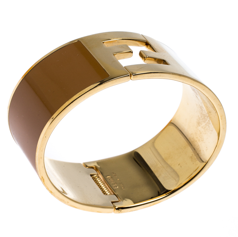 

Fendi The Fendista Brown & Cream Enamel Gold Tone Wide Bracelet, Multicolor