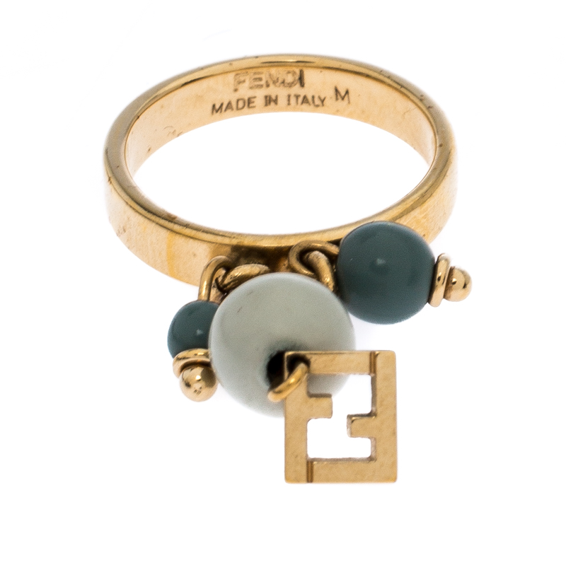

Fendi Green Beads Gold Tone Charm Ring Size
