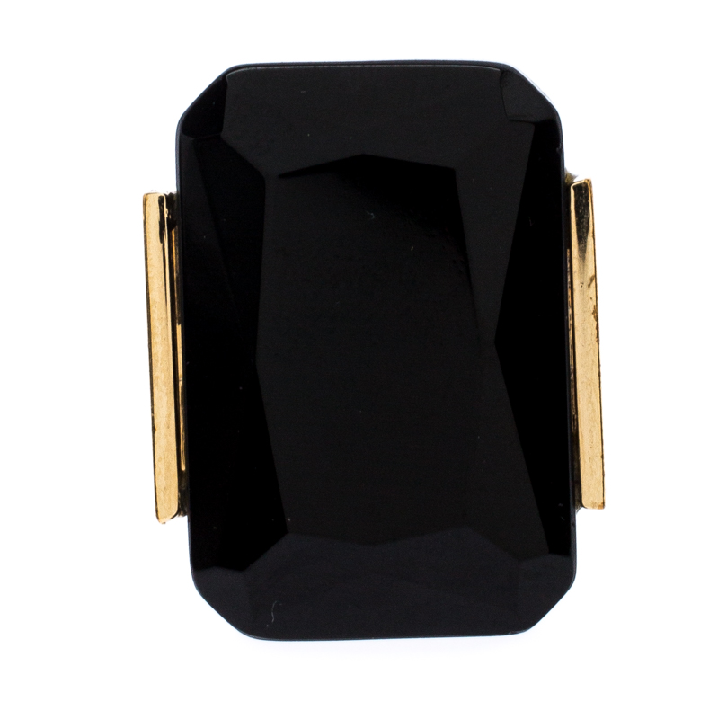 

Fendi Black Crystal Embedded Gold Tone Cocktail Ring Size EU 47