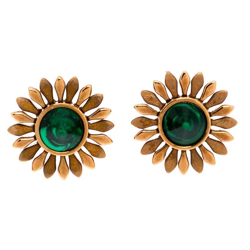 مملوكة مسبقًا Fendi Flower Green Inlay Rose Gold Tone Stud Earrings