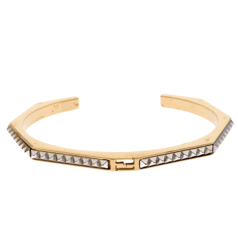 Pre-owned Fendi Baguette Two Tone Textured Open Cuff Bracelet In Gold