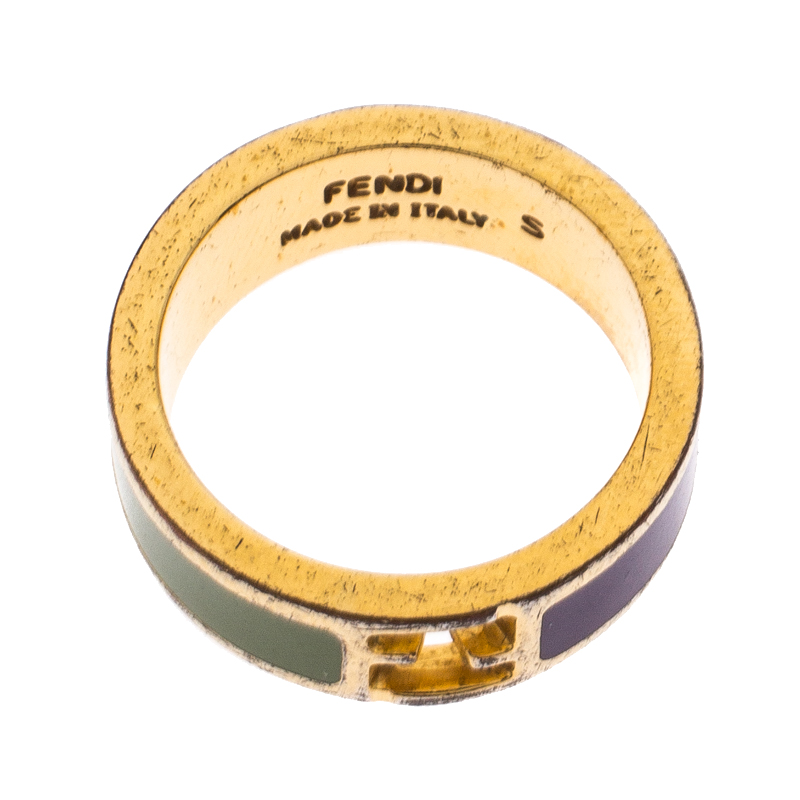 Pre-owned Fendi Sta Bicolor Enamel Gold Tone Band Ring Size Eu 51 In Multicolor