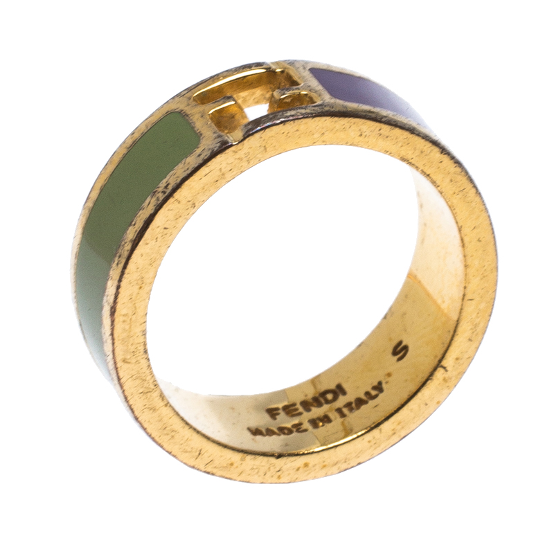 

Fendi The Fendista Bicolor Enamel Gold Tone Band Ring Size EU 51, Multicolor