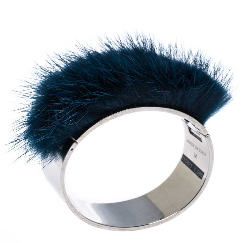 

Fendi Blue Fluffy Mink Fur Silver Tone Cuff Bracelet