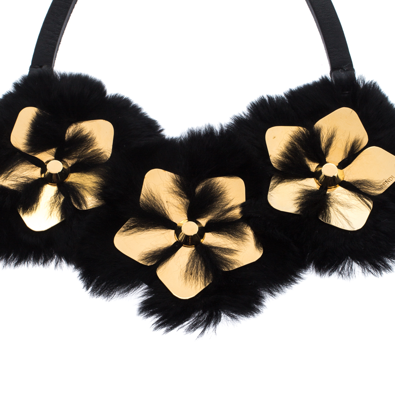 

Fendi Black/Gold Floral Embellished Leather and Mink Fur Choker Necklace