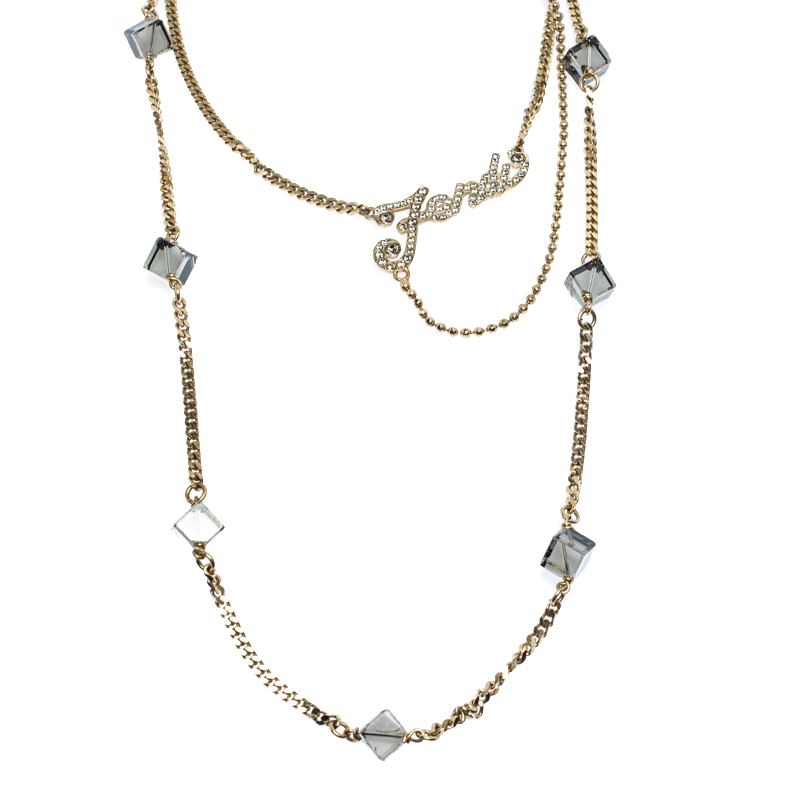 

Fendi Gold Tone Crystal Logo Multi Layered Necklace